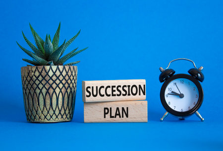 Succession Plan symbol. Wooden blocks with words Succession Plan. Beautiful blue background with alarm clock and succulent plant. Business and Succession Plan concept. Copy space.の写真素材