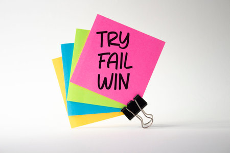 Try Fail Win symbol. Sticky notes with words Try Fail Win. Beautiful white background. Business and...