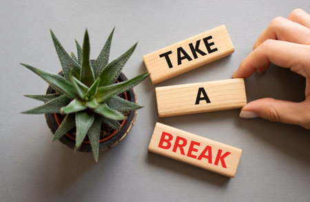 Take a break symbol. Concept words Take a break on wooden blocks with succulent plant. Businessman hand. Beautiful gray background. Business and Take a break concept. Copy space.の写真素材