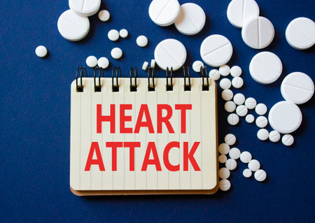 Heart Attack symbol. Concept word Heart Attack on notebook. Beautiful deep blue background with pills. Medicine and Heart Attack concept. Copy spaceの写真素材