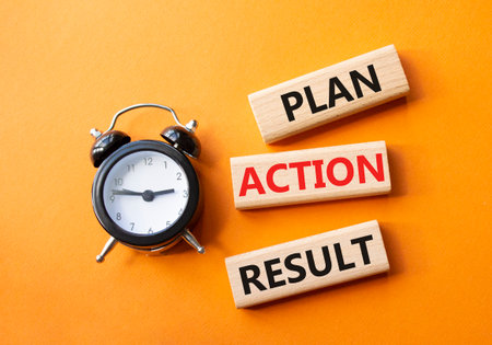 Plan Action Result symbol. Concept words Plan Action Result on wooden blocks. Beautiful orange background with alarm clock. Business concept and Plan Action Result. Copy space.の写真素材