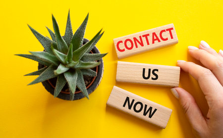 Contact us now symbol. Wooden blocks with words Contact us now. Beautiful yellow background with succulent plant. Businessman hand. Business and Contact us now concept. Copy space.の写真素材