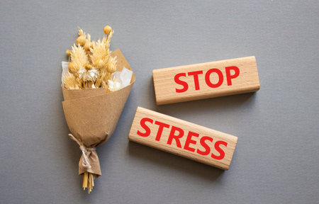 Stop Stress symbol. Wooden blocks with words Stop Stress. Beautiful gray background. Business and Stop Stress concept. Copy space.の写真素材