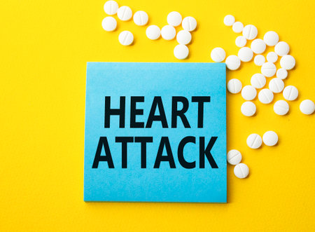 Heart Attack symbol. Concept word Heart Attack on blue note. Beautiful yellow background with pills. Medicine and Heart Attack concept. Copy spaceの写真素材