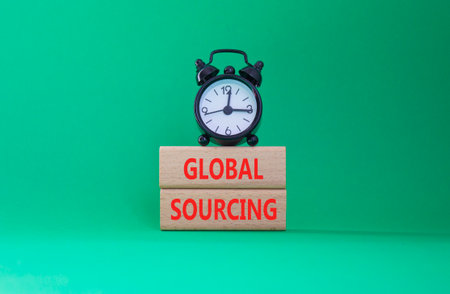 Global Sourcing symbol. Wooden blocks with words Global Sourcing. Beautiful green background with alarm clock. Business and Global Sourcing concept. Copy space.の写真素材