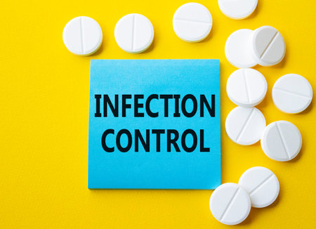 Infection Control symbol. Concept word Infection Control on blue note. Beautiful yellow background...