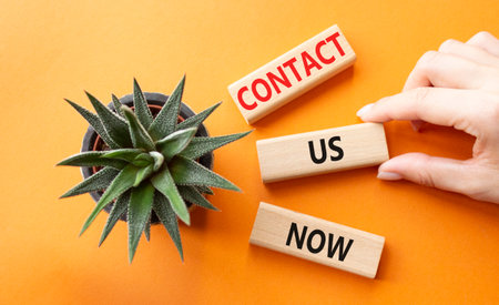 Contact us now symbol. Wooden blocks with words Contact us now. Beautiful orange background with succulent plant. Businessman hand. Business and Contact us now concept. Copy space.の写真素材