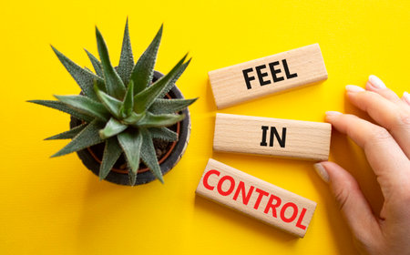 Feel in Control symbol. Wooden blocks with words Feel in Control. Beautiful yellow background with succulent plant. Businessman hand. Business and Feel in Control concept. Copy space.の写真素材
