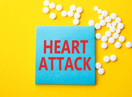 Heart Attack symbol. Concept word Heart Attack on blue note. Beautiful yellow background with pills. Medicine and Heart Attack concept. Copy spaceの写真素材
