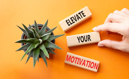 Motivation symbol. Wooden blocks with words Elevate your Motivation. Beautiful orange background with succulent plant. Businessman hand. Business and motivation concept. Copy space.の写真素材