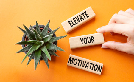 Motivation symbol. Wooden blocks with words Elevate your Motivation. Beautiful orange background with succulent plant. Businessman hand. Business and Elevate your Motivation concept. Copy space.の写真素材