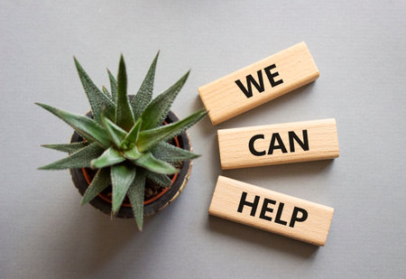 We can help symbol. Wooden blocks with words We can help. Beautiful gray background with succulent. Business and We can help concept. Copy space.の写真素材