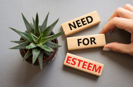 Need for Esteem symbol. Concept words Need for Esteem on wooden blocks. Beautiful gray background with succulent plant. Businessman hand. Business and Need for Esteem concept. Copy space.の写真素材