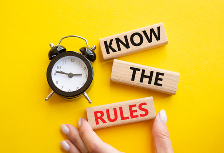 Know the rules symbol. Wooden blocks with words Know the rules. Businessman hand. Beautiful yellow background with alarm clock. Business and Know the rules concept. Copy space.の写真素材