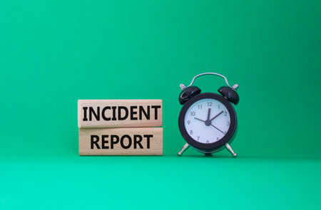 Incident Report symbol. Concept word Incident Report on wooden blocks. Beautiful green background. Business and Incident Report concept. Copy spaceの写真素材
