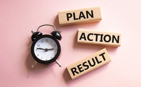 Plan Action Result symbol. Concept words Plan Action Result on wooden blocks. Beautiful pink background with alarm clock. Business concept and Plan Action Result. Copy space.の写真素材