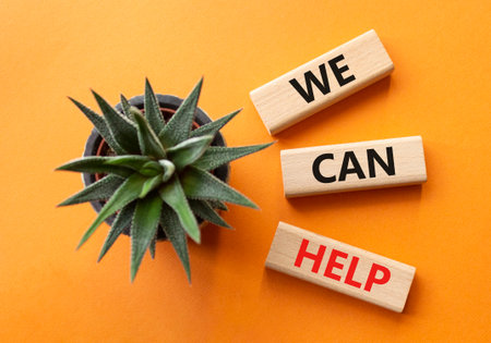 We can help symbol. Wooden blocks with words We can help. Beautiful orange background with succulent. Business and We can help concept. Copy space.の写真素材