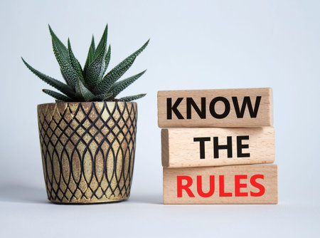 Know the rules symbol. Wooden blocks with words Know the rules. Beautiful white background with...