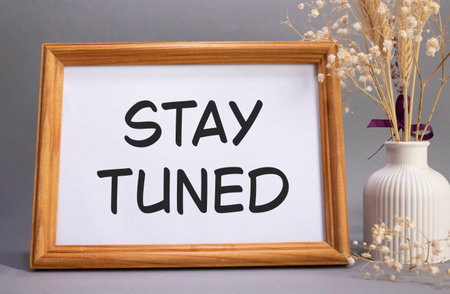 Stay Tuned symbol. Concept words Stay Tuned on beautiful wooden picture frame. Beautiful gray background with flower vase. Business and Stay Tuned concept. Copy space.の写真素材