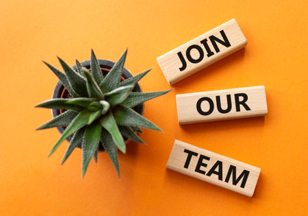 Join our team symbol. Wooden blocks with words Join our team. Beautiful orange background with succulent plant. Business and Join our team concept. Copy space.の写真素材