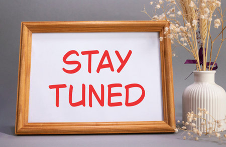 Stay Tuned symbol. Concept words Stay Tuned on beautiful wooden picture frame. Beautiful gray background with flower vase. Business and Stay Tuned concept. Copy space.の写真素材