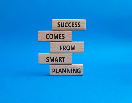 Smart Planning symbol. Wooden blocks with words Success Comes From Smart Planning. Beautiful blue...
