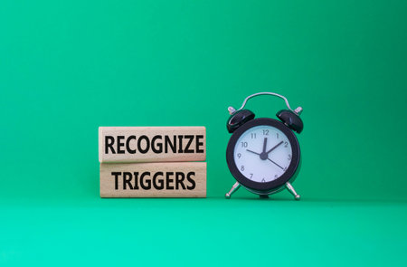 Recognize triggers symbol. Concept words Recognize triggers on wooden blocks. Beautiful green...
