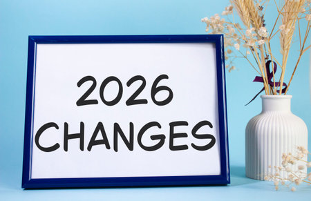 2026 Changes symbol. Concept words 2026 Changes on beautiful wooden picture frame. Beautiful light...