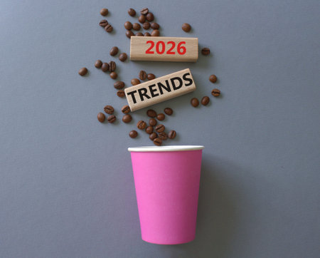 2026 symbol. Concept words 2026 on beautiful wooden picture frame. Beautiful gray background with...