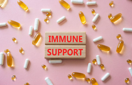 IMMUNE SUPPORT symbol. Concept word IMMUNE SUPPORT on wooden blocks. Beautiful pink background with pills. Medicine and IMMUNE SUPPORT. Copy spaceの写真素材