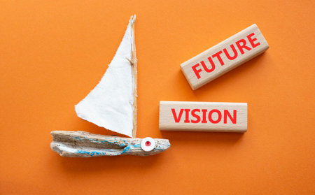 FUTURE VISION symbol. Concept word FUTURE VISION on wooden blocks. Beautiful orange background with boat. Business and FUTURE VISION concept. Copy space