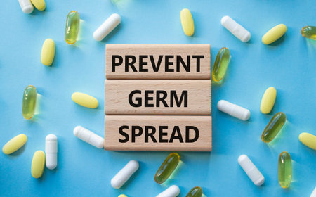 Prevent Germ Spread symbol. Concept words Prevent Germ Spread on wooden blocks. Beautiful blue background with pills. Healthcare and Prevent Germ Spread concept. Copy space.