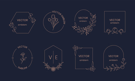 Flower monogram. Hand drawn minimal outline tattoo flower symbol. Vector magic beauty frame setのイラスト素材