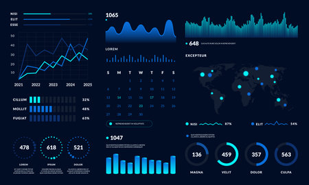 Dashboard UI. Data HUD diagram design, graph and chart modern graphic interface. Vector futuristic dashboardのイラスト素材