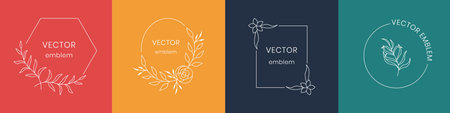 Abstract minimal . Hand drawn cosmetics botanic cosmetic concept. Vector flower monogram emblem setのイラスト素材