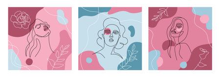 Line woman face. Abstract flowers and face graphic print, one line bloom sketch. Vector artのイラスト素材