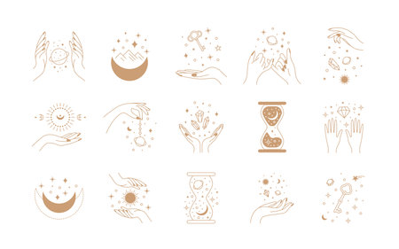 Boho magic set. Alchemy magic witch , hand drawn boho mystic doodle esoteric symbols. Vector set illustrations golden hands collection magical symbol hippieのイラスト素材
