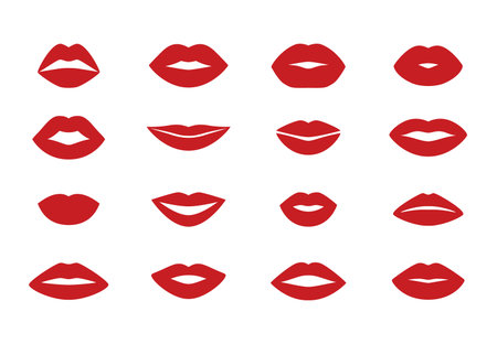 Woman s lips. Cartoon flat kiss shape icons, isolated lipstick sensual silhouette set. Vector illustration beauty cosmetic concept trendy makeup beautiful shape, red lips girlのイラスト素材