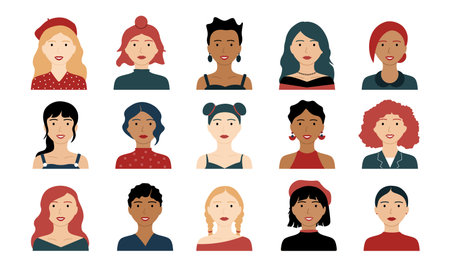 Female avatars. Woman hipster avatars, feminist creative characters, happy modern stylish persons. Vector isolated setのイラスト素材