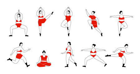 Body positive. Female body shapes of different sizes, fat female beauty figure. Vector group of cartoon ladiesのイラスト素材