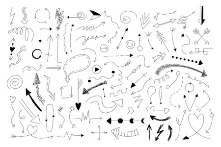 Doodle arrows. Hand draw minimal thin line arrows design template, business cursor collection for presentation and infographic. Vector setのイラスト素材