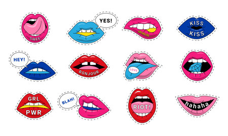Woman s lips stickers. Sexy kiss fashion cartoon badges, girl mouth pink love signs. Vector isolated colorful collectionのイラスト素材