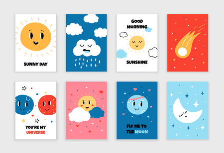 Cute clouds posters. Childish cartoon greeting cards with Sun, Moon clouds and planets. Vector isolated setのイラスト素材