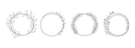 Doodle circles with leaves. Hand drawn frame element for text, floral decorative symbols. Vector isolated round borders setのイラスト素材