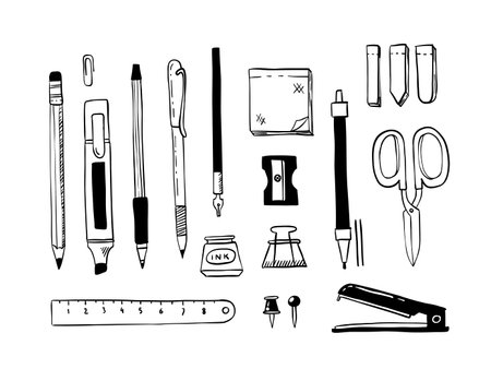 Doodle stationery. Hand drawn school and office tools, pen pencil marker sticker ruler scissors. Vector isolated graphic setのイラスト素材