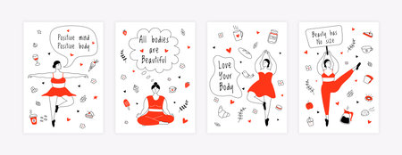 Body positive posters. Female empowerment active lifestyle, fat cartoon characters doing sport exercises and yoga. Vector setのイラスト素材