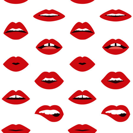 Lips doodle pattern. Seamless woman sexy lips, pop art trendy design. Vector lipstick seamless textureのイラスト素材