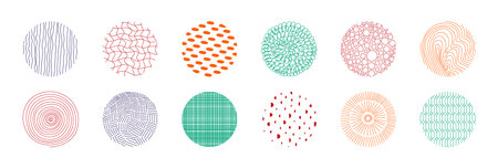 Circle pattern design. Hand drawn circular memphis geometric shapes for notebook and book cover. Vector isolated setのイラスト素材