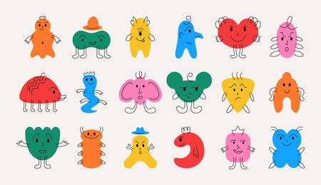 Doodle monsters. Hand drawn minimalistic funny mascots with cheerful face emotions, little monsters for kids illustrations. Vector isolated setのイラスト素材