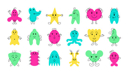 Cute monster faces. Funny and scary cartoon minimalistic monsters with cheerful face emotions. Vector isolated setのイラスト素材
